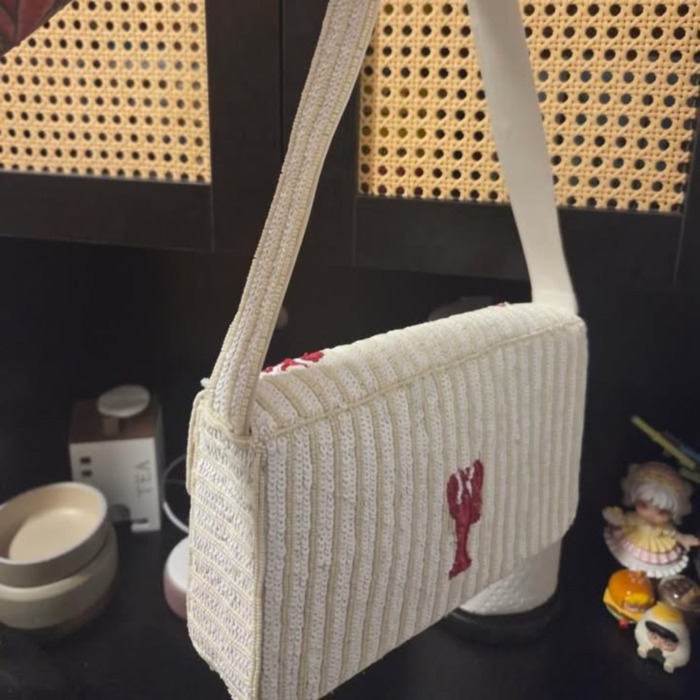 Lobster Embroidered Cream and red BEADED BAG - Picture 2 of 2